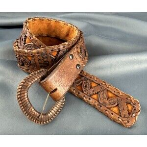 Vintage Mexico Made Hand Tooled Leather Belt with Buckle Size Medium